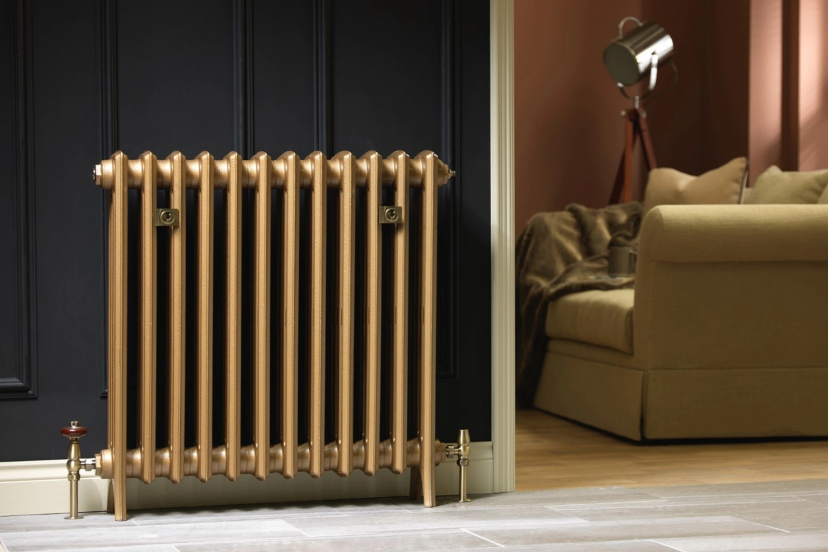 Column Radiator With A Stylish Brushed Brass Finish